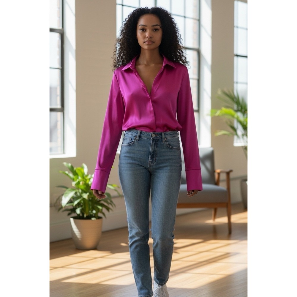 Good Time USA Pink Satin Long Sleeve Bodysuit Women's L NWT‎ Collared